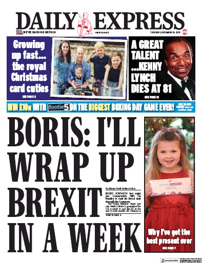 Daily Express (UK) Newspaper Front Page for 19 December 2019