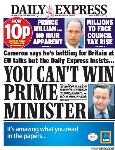 Daily Express Newspaper Front Page for 19 February 2016
