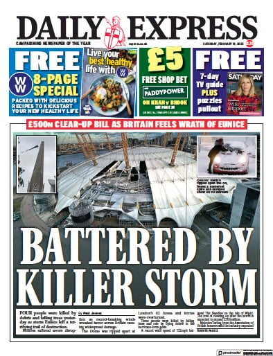 Daily Express Newspaper Front Page for 19 February 2022