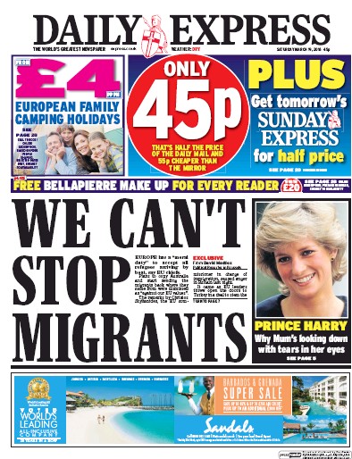 Daily Express (UK) Newspaper Front Page for 19 March 2016