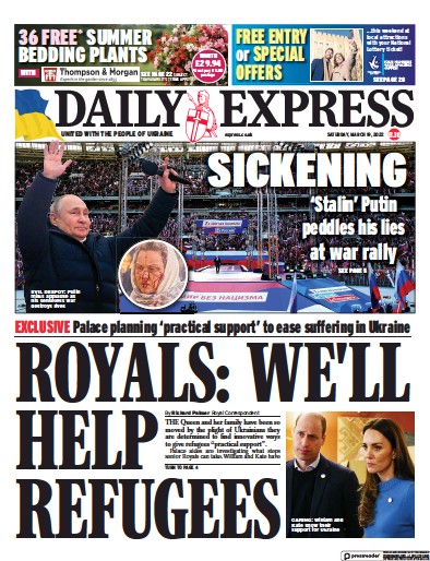 Daily Express Newspaper Front Page for 19 March 2022