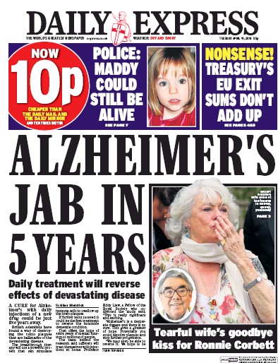 Daily Express (UK) Newspaper Front Page for 19 April 2016