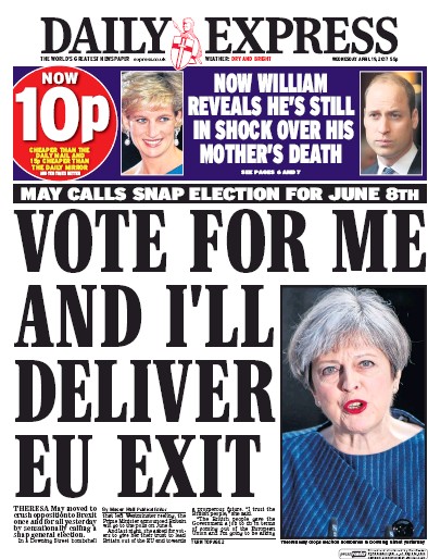 Daily Express Newspaper Front Page for 19 April 2017