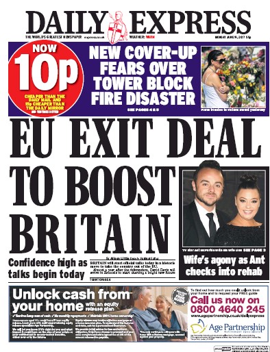 Daily Express Newspaper Front Page for 19 June 2017