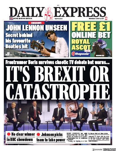 Daily Express Newspaper Front Page for 19 June 2019