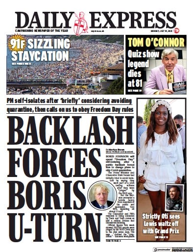 Daily Express (UK) Newspaper Front Page for 19 July 2021