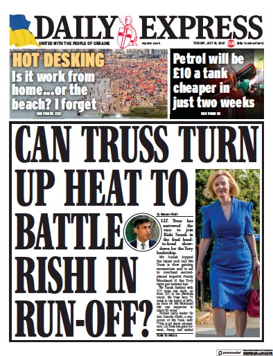Daily Express (UK) Newspaper Front Page for 19 July 2022