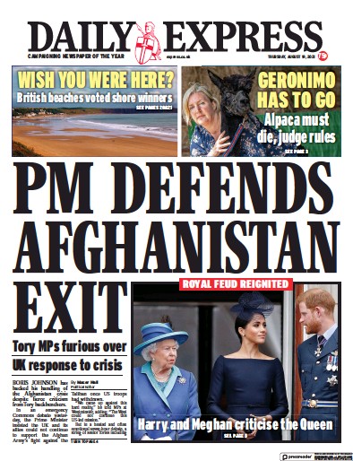 Daily Express (UK) Newspaper Front Page for 19 August 2021