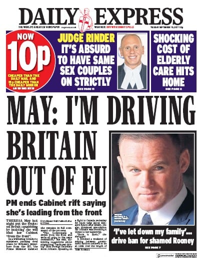 Daily Express (UK) Newspaper Front Page for 19 September 2017