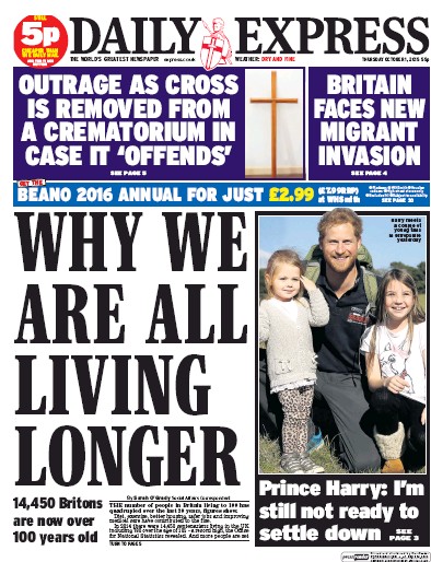 Daily Express Newspaper Front Page for 1 October 2015