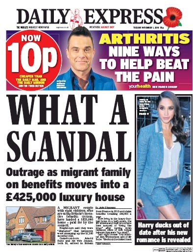 Daily Express Newspaper Front Page for 1 November 2016
