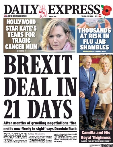 Daily Express Newspaper Front Page for 1 November 2018