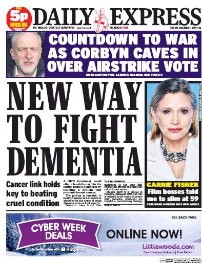 Daily Express (UK) Newspaper Front Page for 1 December 2015