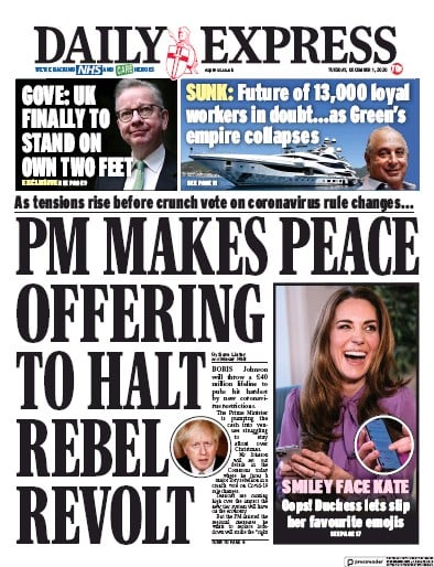 Daily Express (UK) Newspaper Front Page for 1 December 2020