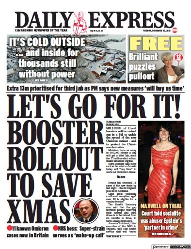 Daily Express (UK) Newspaper Front Page for 1 December 2021