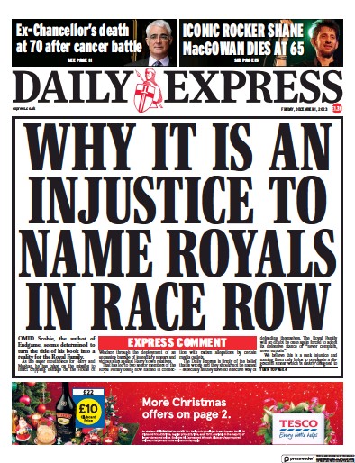 Daily Express (UK) Newspaper Front Page for 1 December 2023