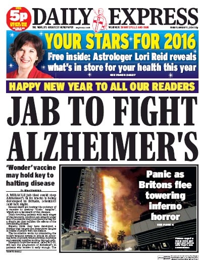 Daily Express Newspaper Front Page for 1 January 2016