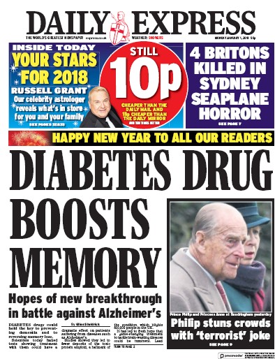 Daily Express Newspaper Front Page for 1 January 2018