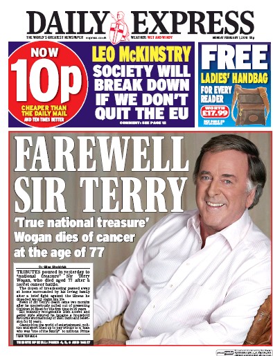 Daily Express Newspaper Front Page for 1 February 2016