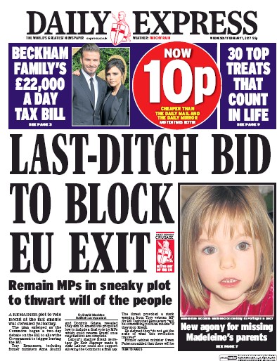 Daily Express Newspaper Front Page for 1 February 2017