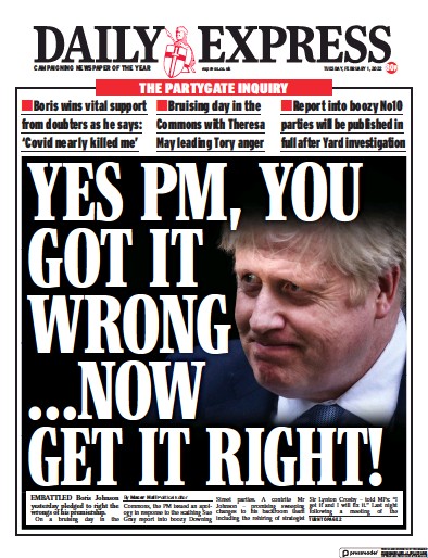 Daily Express (UK) Newspaper Front Page for 1 February 2022