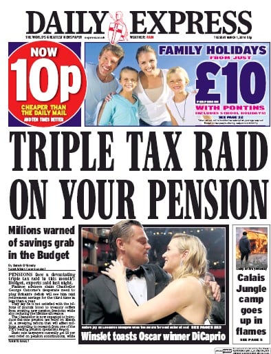 Daily Express (UK) Newspaper Front Page for 1 March 2016