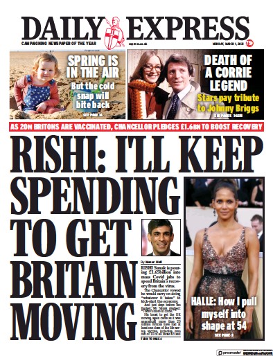 Daily Express (UK) Newspaper Front Page for 1 March 2021