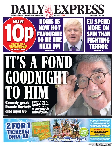 Daily Express Newspaper Front Page for 1 April 2016