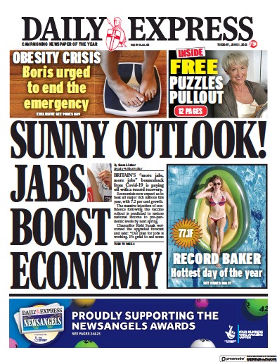 Daily Express (UK) Newspaper Front Page for 1 June 2021