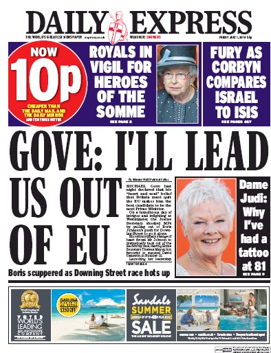 Daily Express Newspaper Front Page for 1 July 2016