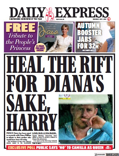 Daily Express (UK) Newspaper Front Page for 1 July 2021