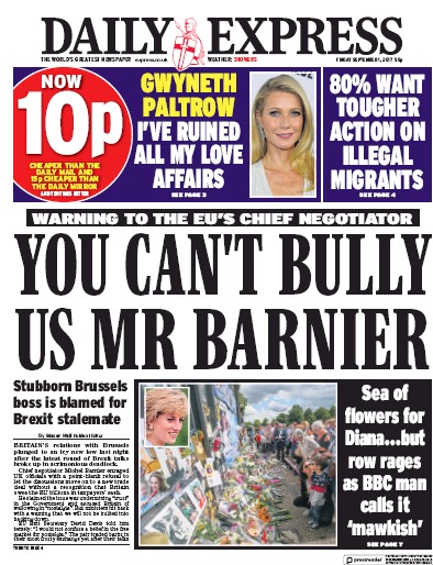 Daily Express Newspaper Front Page for 1 September 2017