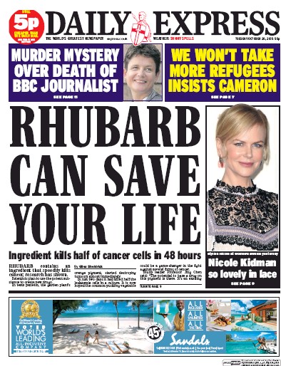 Daily Express Newspaper Front Page for 20 October 2015