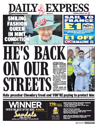 Daily Express Newspaper Front Page for 20 October 2018