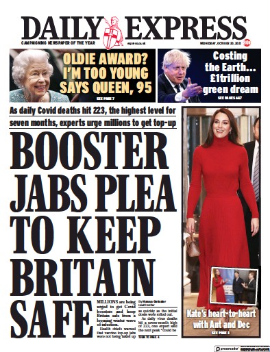 Daily Express (UK) Newspaper Front Page for 20 October 2021