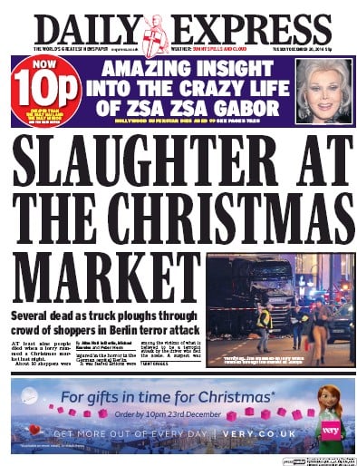 Daily Express Newspaper Front Page for 20 December 2016