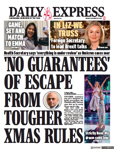 Daily Express (UK) Newspaper Front Page for 20 December 2021