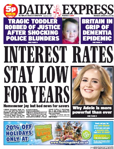 Daily Express Newspaper Front Page for 20 January 2016
