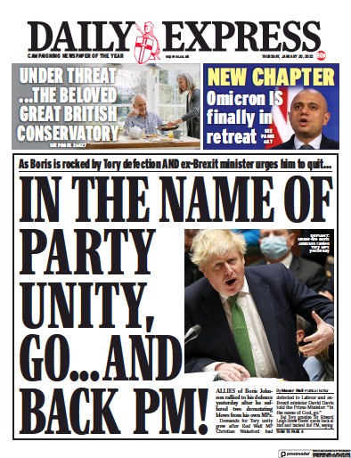 Daily Express (UK) Newspaper Front Page for 20 January 2022