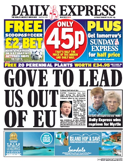 Daily Express Newspaper Front Page for 20 February 2016