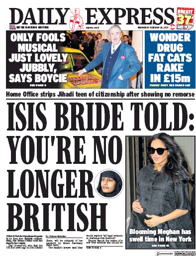 Daily Express Newspaper Front Page for 20 February 2019