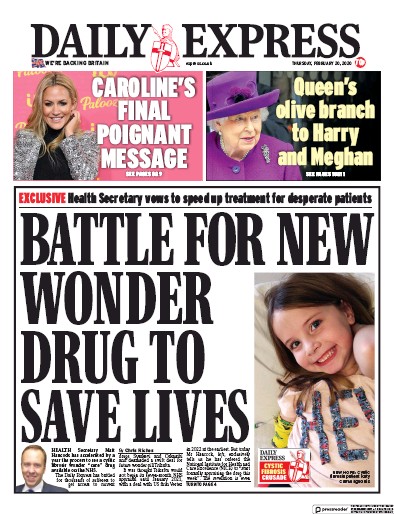 Daily Express (UK) Newspaper Front Page for 20 February 2020