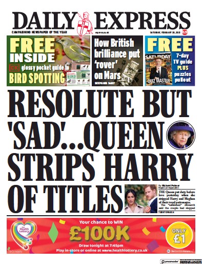 Daily Express Newspaper Front Page for 20 February 2021