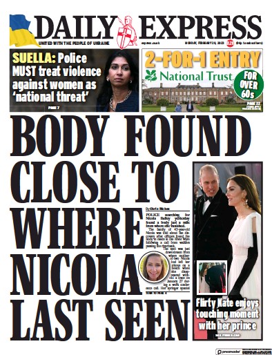 Daily Express (UK) Newspaper Front Page for 20 February 2023
