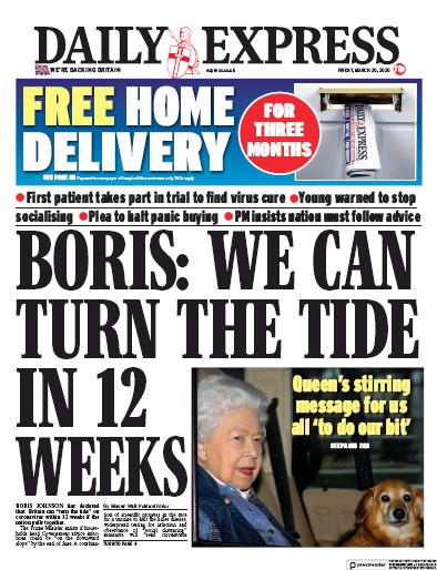 Daily Express Newspaper Front Page for 20 March 2020