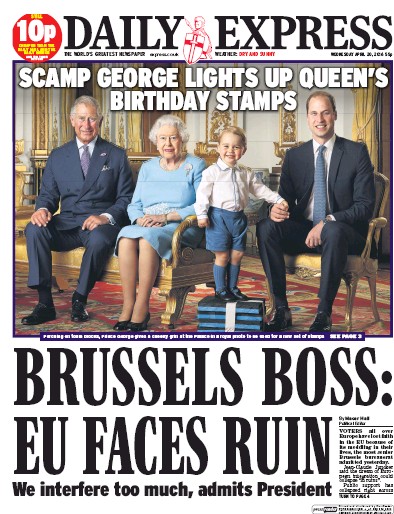 Daily Express Newspaper Front Page for 20 April 2016