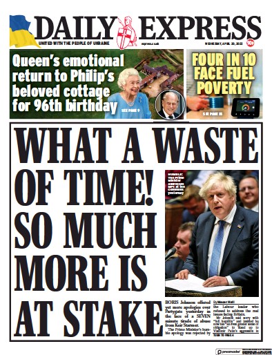 Daily Express Newspaper Front Page for 20 April 2022
