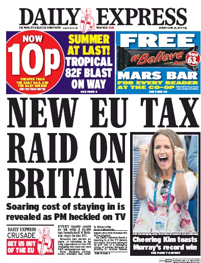 Daily Express Newspaper Front Page for 20 June 2016