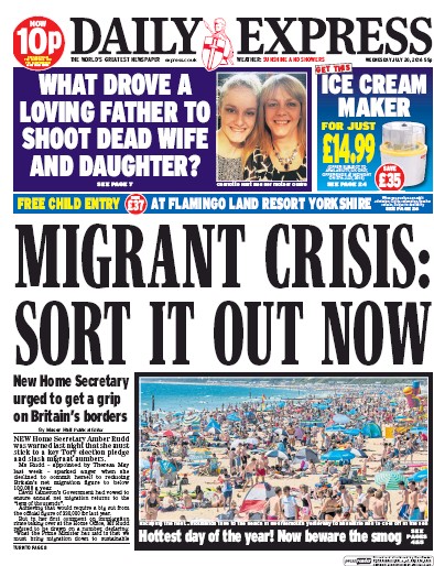 Daily Express Newspaper Front Page for 20 July 2016