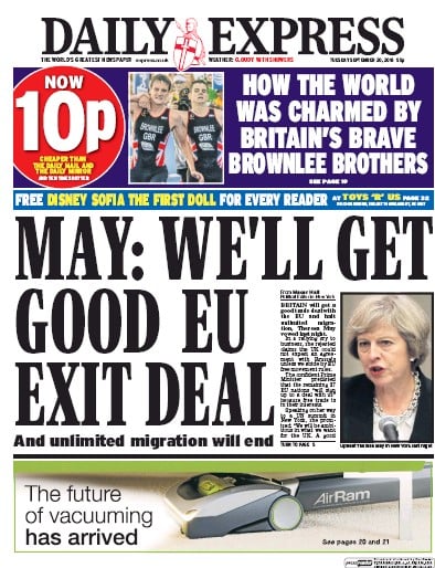 Daily Express Newspaper Front Page for 20 September 2016